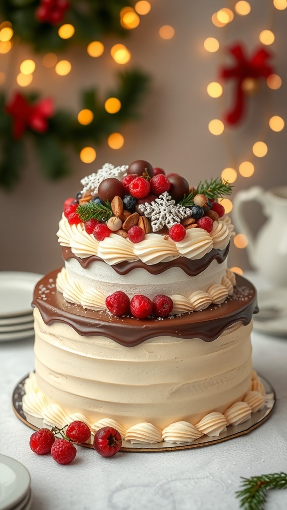 A two-layered Christmas cake with vanilla and chocolate layers, decorated with berries and nuts, on a festive table.